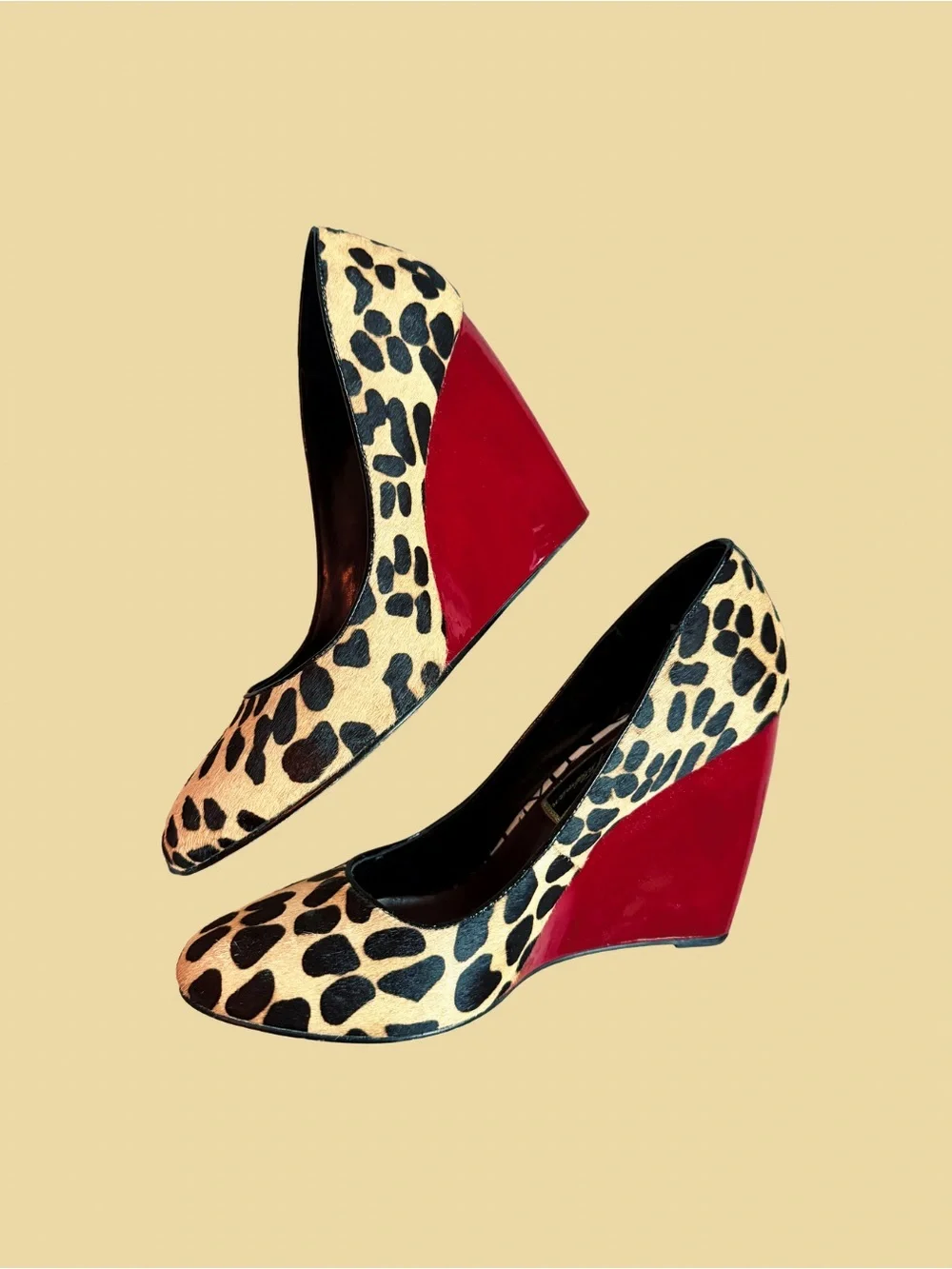 Leopard Print Calf Hair Wedge Pump with Red Heel